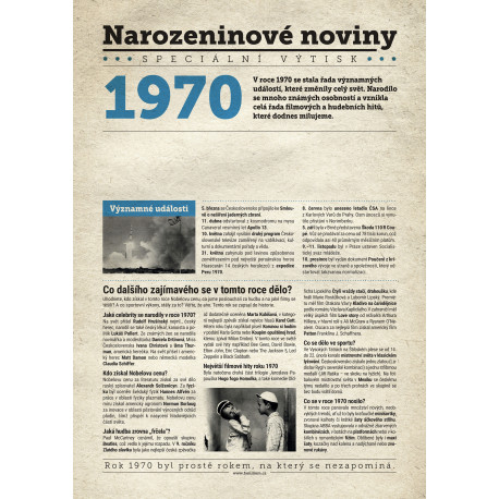 Narozeninové noviny 1970 s vlastním textem a fotografií