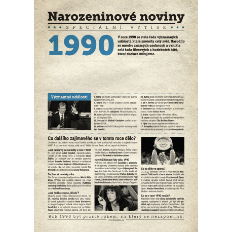 Narozeninové noviny 1990 s vlastním textem a fotografií